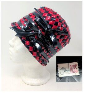 Vintage Lilly Dache Hat Stiff Black Red Raffia Basket